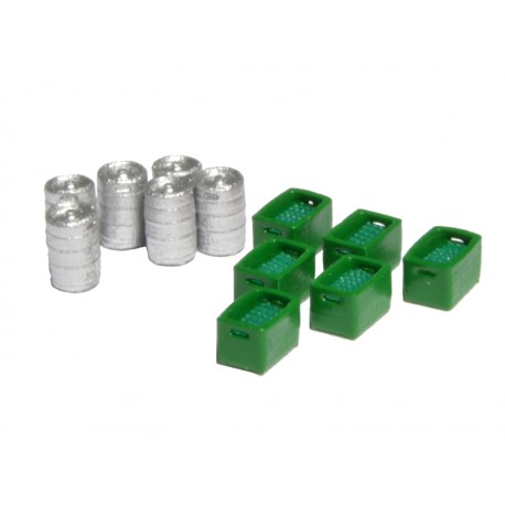 Barrels of beer and green boxes with green bottles