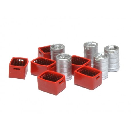 Barriles de cerveza y cajas rojas con botellines marrones